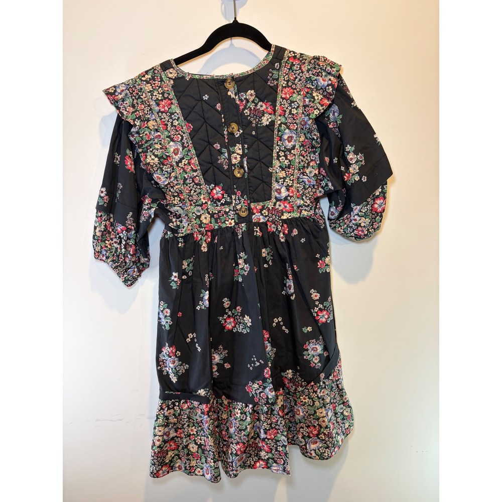 Hunter Bell New York Floral Quilted Ruffle Mini Dress Black Cotton XS - Picture 7 of 10